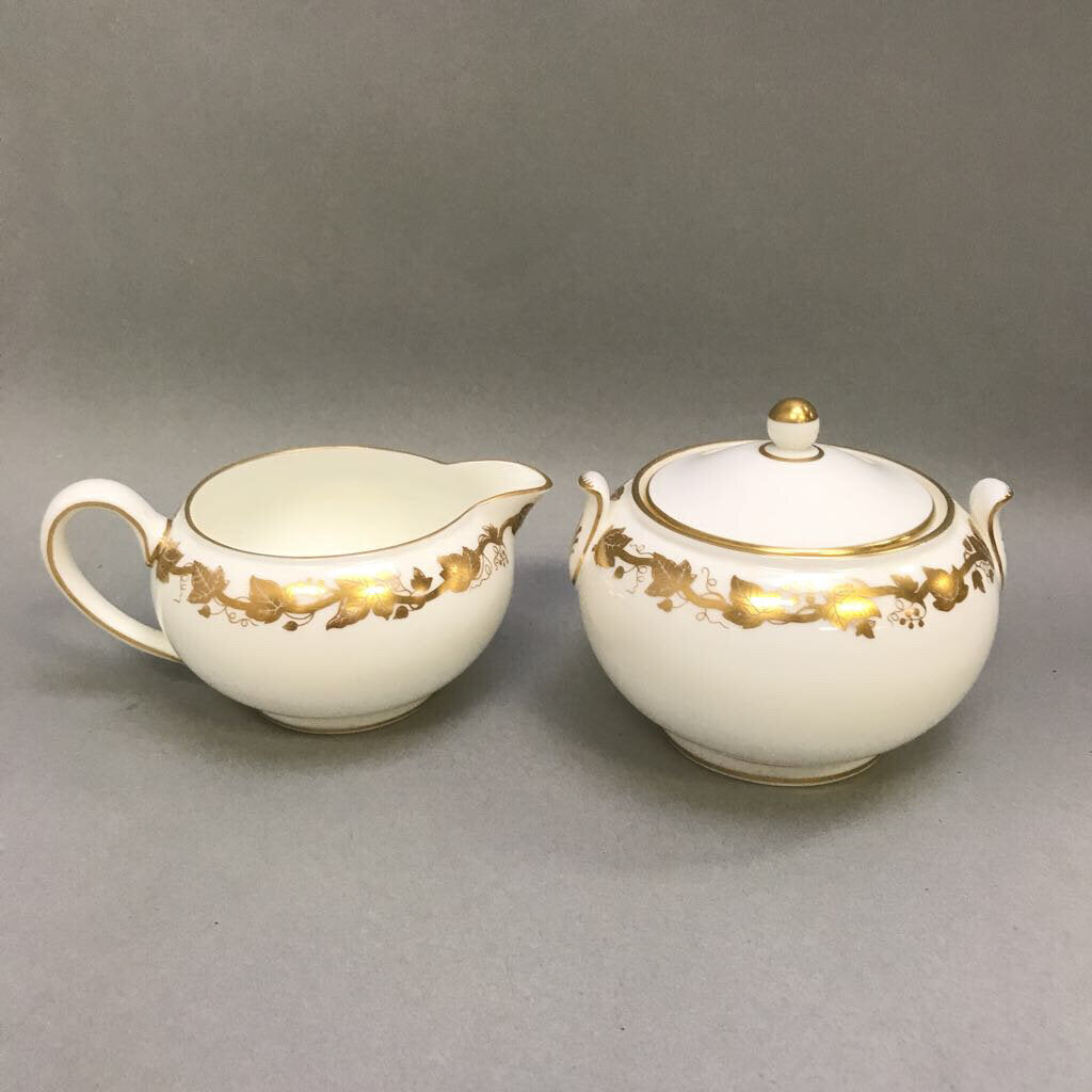 Wedgwood China - W4001 Whitehall Gold Grape Vine - Sugar Bowl with Lid & Creamer (2