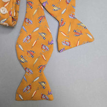 Load image into Gallery viewer, Carrot &amp; Gibbs Golden Silk Bow Tie; Fishing Lure Pattern
