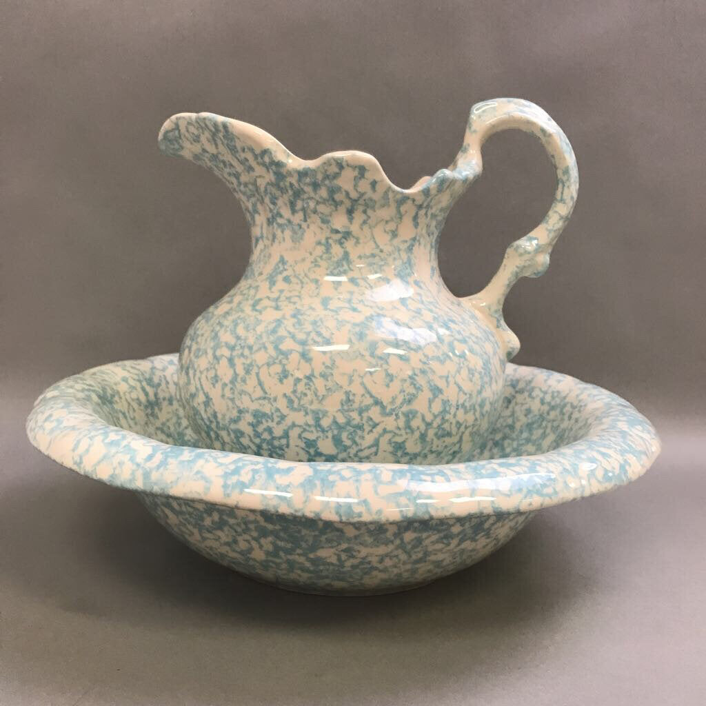 Vintage Blue Spongeware Basin & Bowl Set (10