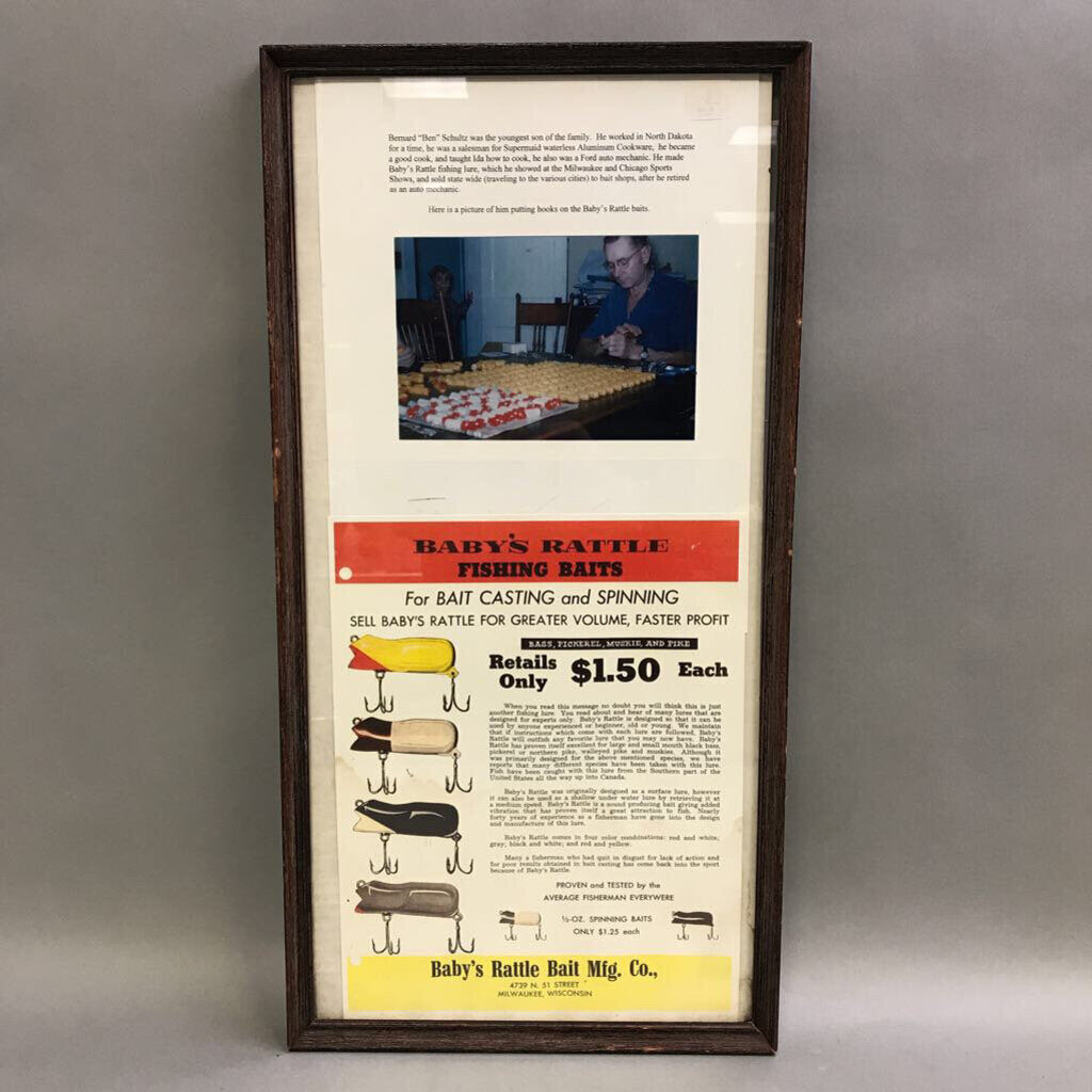 Vintage Framed Advert - Baby's Rattle Fishing Baits (~205x10)
