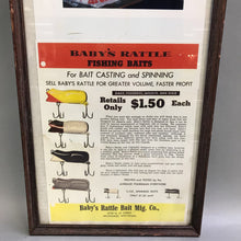 Load image into Gallery viewer, Vintage Framed Advert - Baby&#39;s Rattle Fishing Baits (~205x10)
