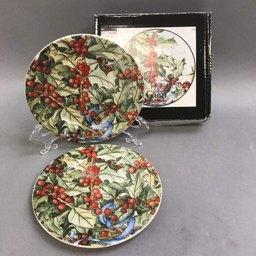 NIB 2 Le Houx Gien France Holly Berry Blue Ribbon Wine Bottle Coaster Plates (5