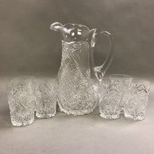 Load image into Gallery viewer, Vintage Cut Glass Pinwheel Pitcher with 6 Glasses (10&quot;)

