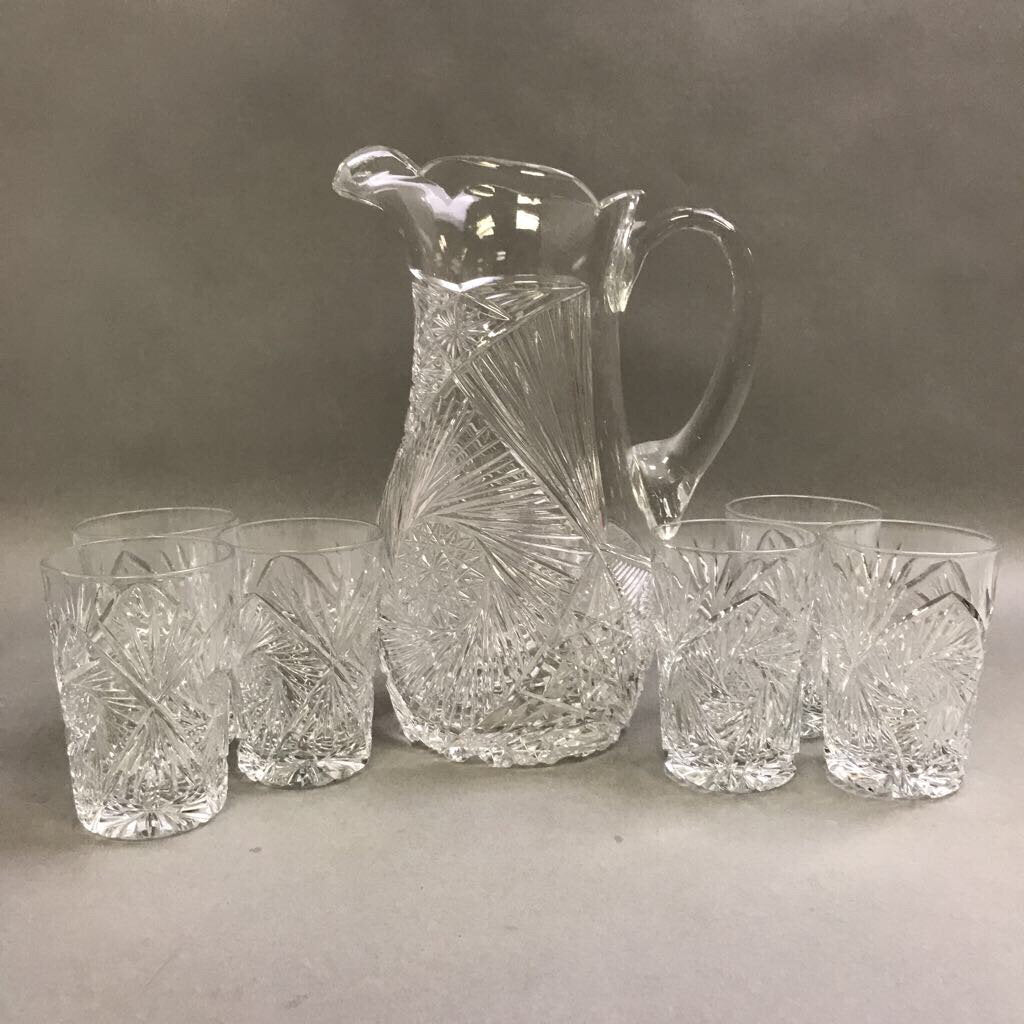 Vintage Cut Glass Pinwheel Pitcher with 6 Glasses (10