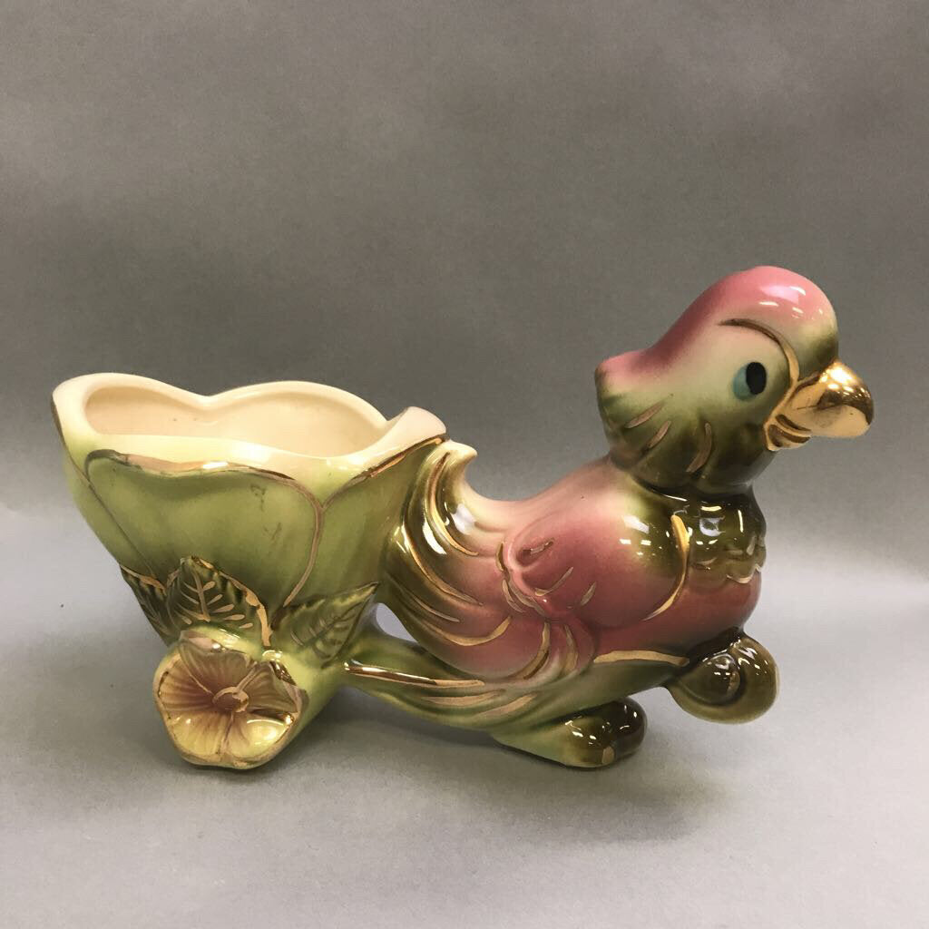 Vintage Hull Pottery #60 Pink Parrot Pulling Cart Planter Figurine (6