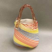 Load image into Gallery viewer, White, Orange, Blue &amp; Yellow Stripped Art Glass Purse Vase (8&quot;)
