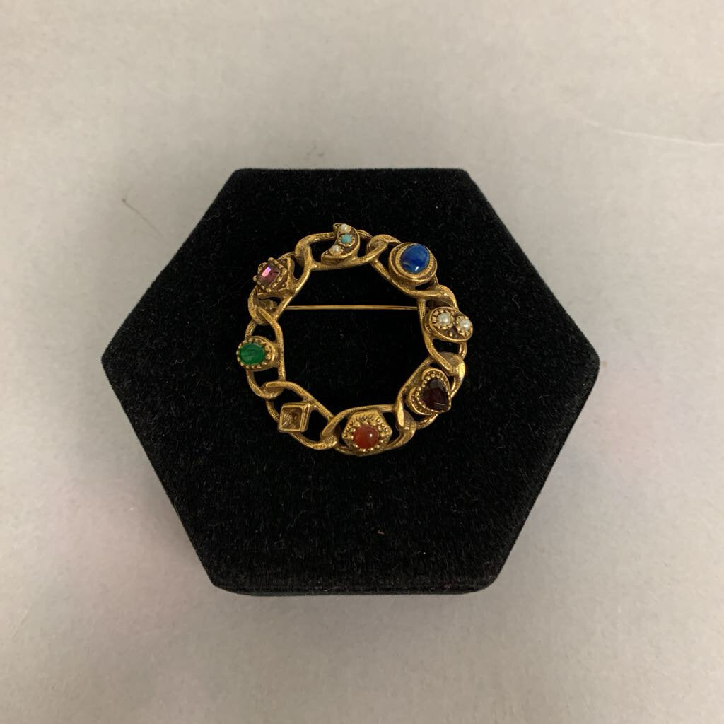 Vintage Goldtone Chain Link Circle Gem Brooch Pin (2