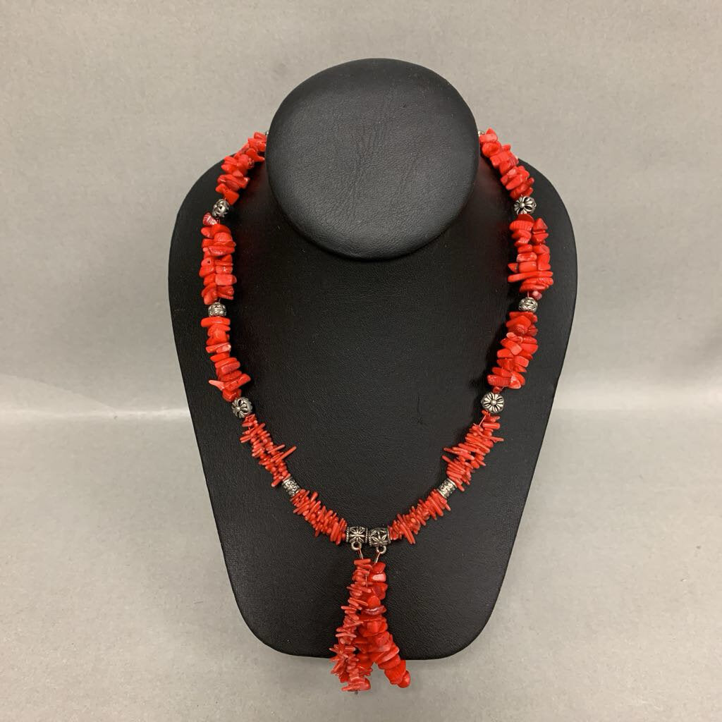 Red Coral Chip Sterling Beaded Necklace (22