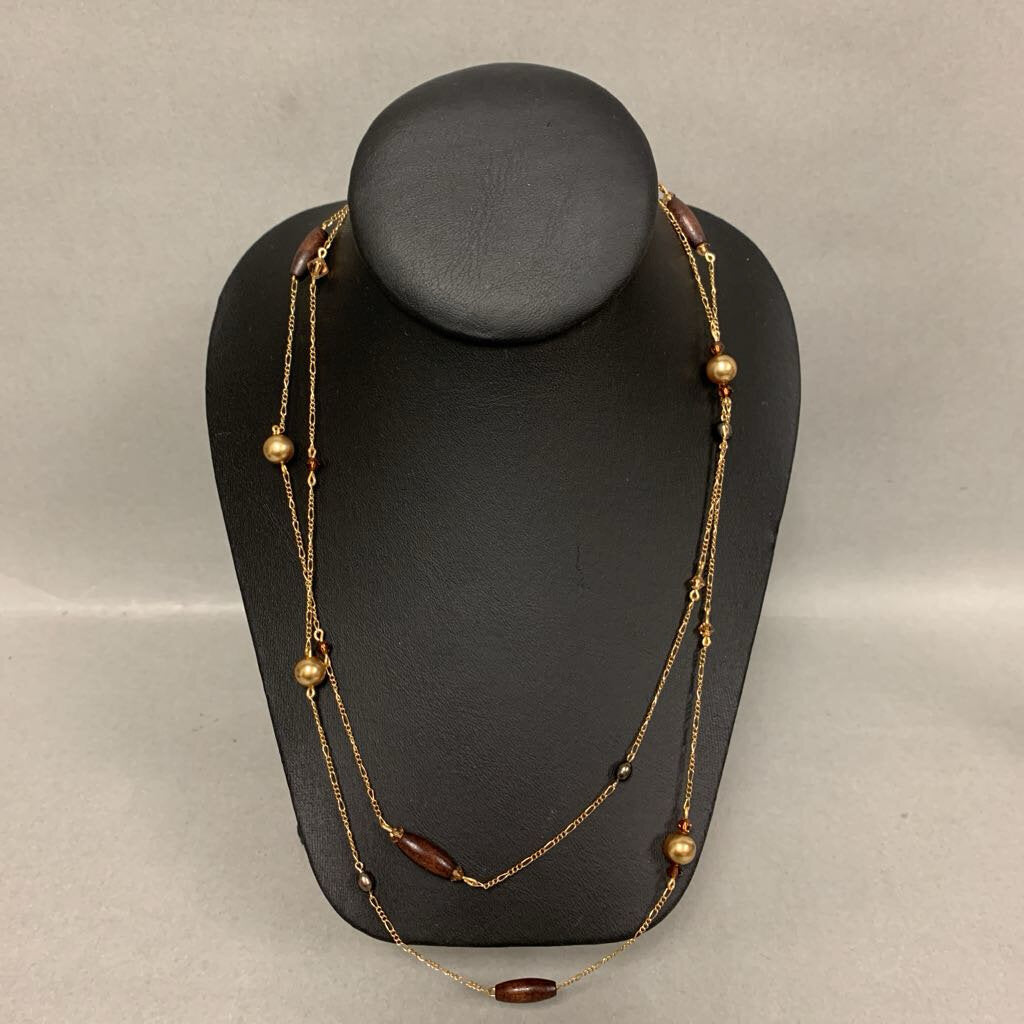 Liz Henry Goldtone Pearl Crystal Wood Bead Satellite Chain (42
