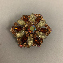 Load image into Gallery viewer, Vintage Gold Amber Aurora Borealis Rhinestone Brooch Pin (2")
