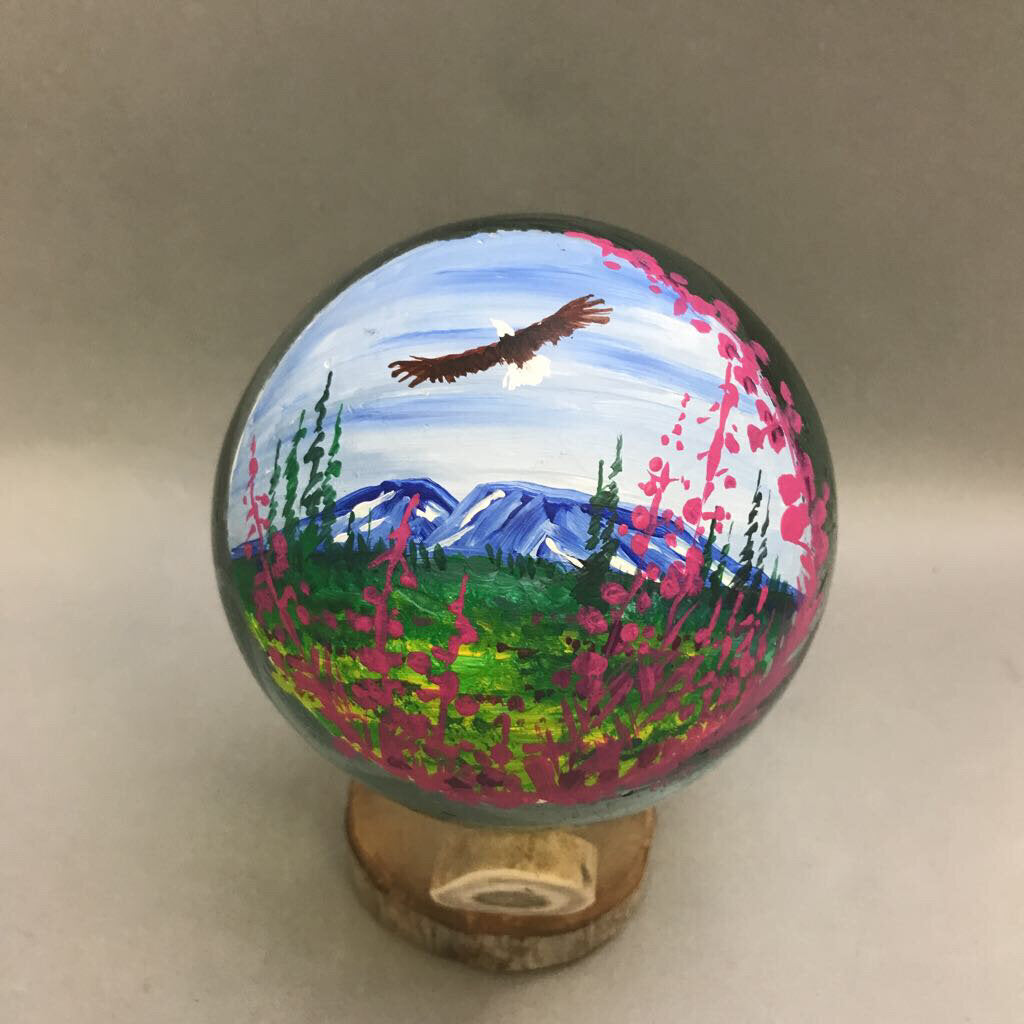 Hand Painted Glass Globe/Orb on Wood Stand (6