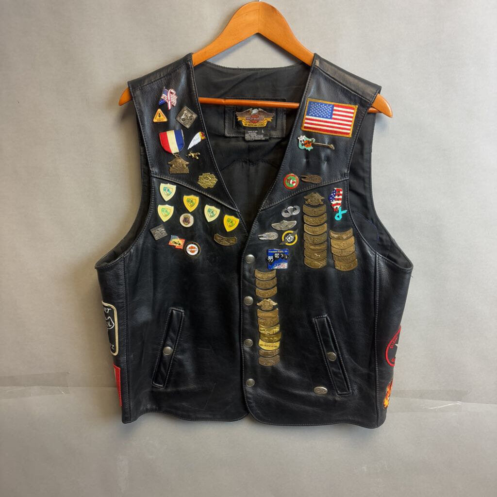 Mens Harley Davidson Patches/Pins Leather Jacket Size L