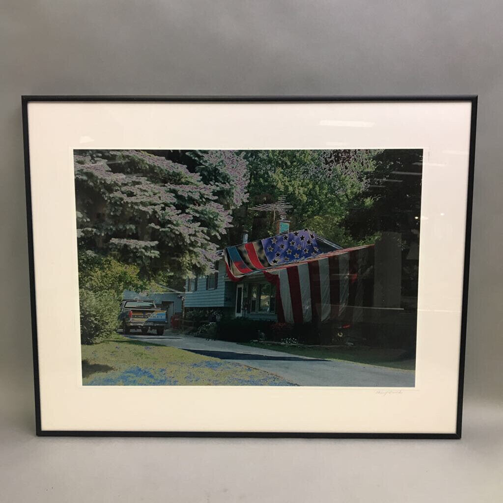 Cheryl Quick Framed Print - American Flag Over House; Naperville Memorial Day (18x23)