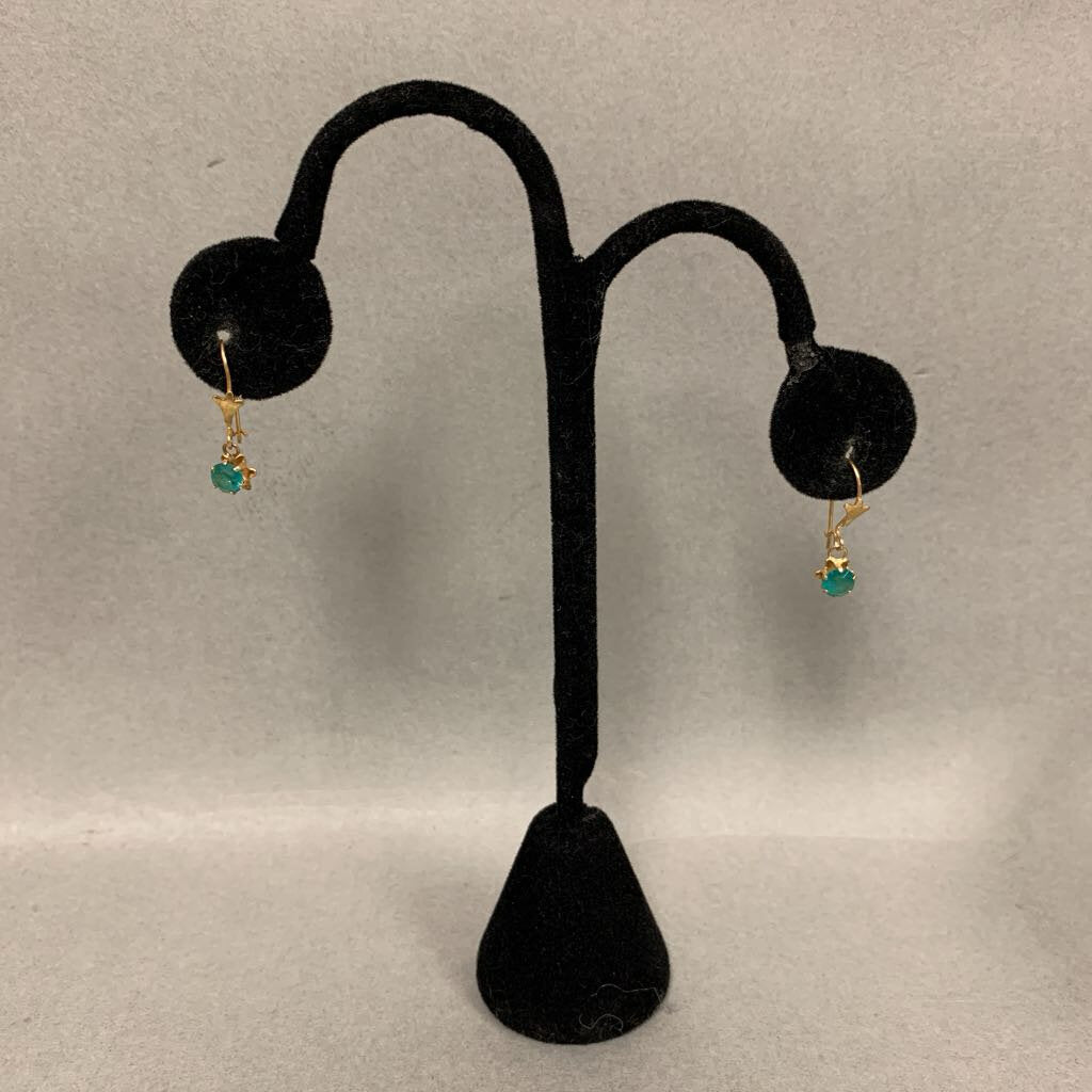 14K Gold Green Crystal Drop Earrings (0.8g)