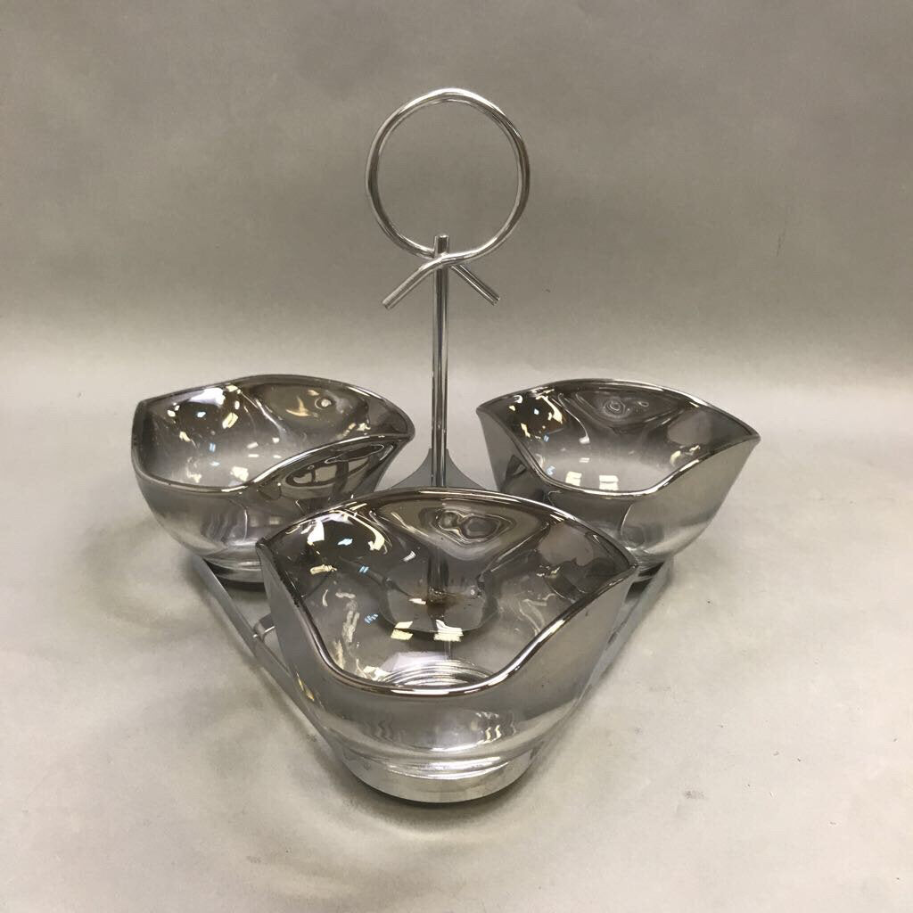 MCM Chrome Caddy With 3 Silver Fade Glass Bowls Serving