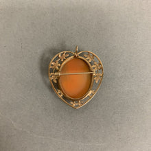 Load image into Gallery viewer, 10K Gold Vintage Carved Shell Cameo 1.25" Heart Pin w/ Pendant Loop (4.5g)
