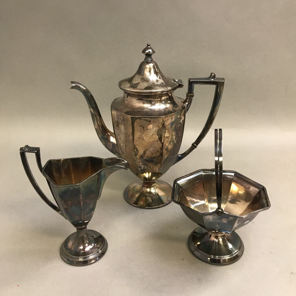 Homan Silverplate Teapot w/ Forbes Cream Pitcher & Sugar Basket (10