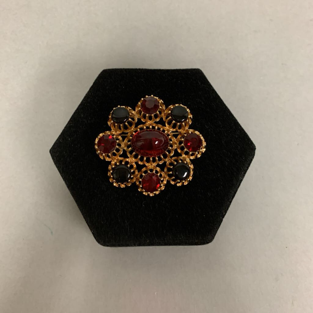 Vintage Emmons Signed Black & Red Glass Cabochon Rhinestone Brooch Pin (2