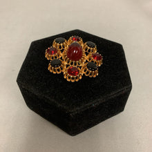 Load image into Gallery viewer, Vintage Emmons Signed Black &amp; Red Glass Cabochon Rhinestone Brooch Pin (2&quot;)
