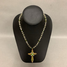 Load image into Gallery viewer, Vintage Miriam Haskell Green Clear Pearl Beaded Cross Necklace (20&quot;)
