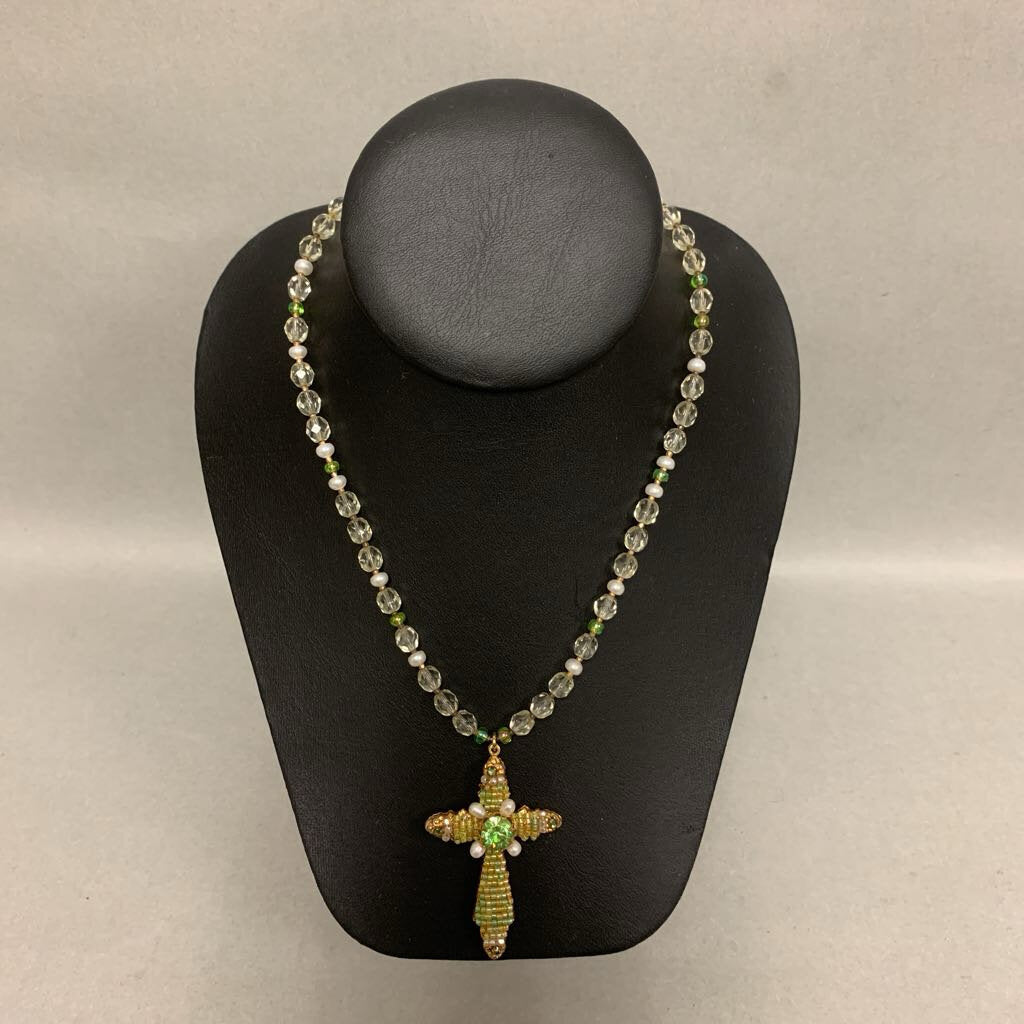 Vintage Miriam Haskell Green Clear Pearl Beaded Cross Necklace (20