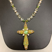 Load image into Gallery viewer, Vintage Miriam Haskell Green Clear Pearl Beaded Cross Necklace (20&quot;)
