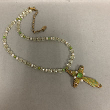 Load image into Gallery viewer, Vintage Miriam Haskell Green Clear Pearl Beaded Cross Necklace (20&quot;)
