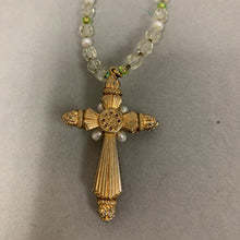 Load image into Gallery viewer, Vintage Miriam Haskell Green Clear Pearl Beaded Cross Necklace (20&quot;)
