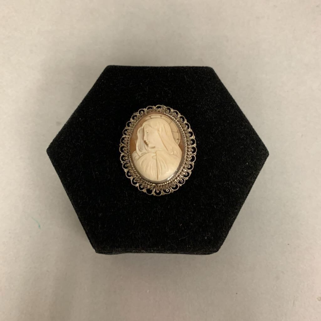 Antique 800 Silver Carved Shell Virgin Mary Cameo Brooch Pin w/ Pendant Loop (1.5