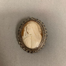 Load image into Gallery viewer, Antique 800 Silver Carved Shell Virgin Mary Cameo Brooch Pin w/ Pendant Loop (1.5&quot;)
