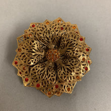 Load image into Gallery viewer, Vintage Joan Rivers Gold Filigree Swarovski Crystal Flower Brooch Pin (2.5&quot;)
