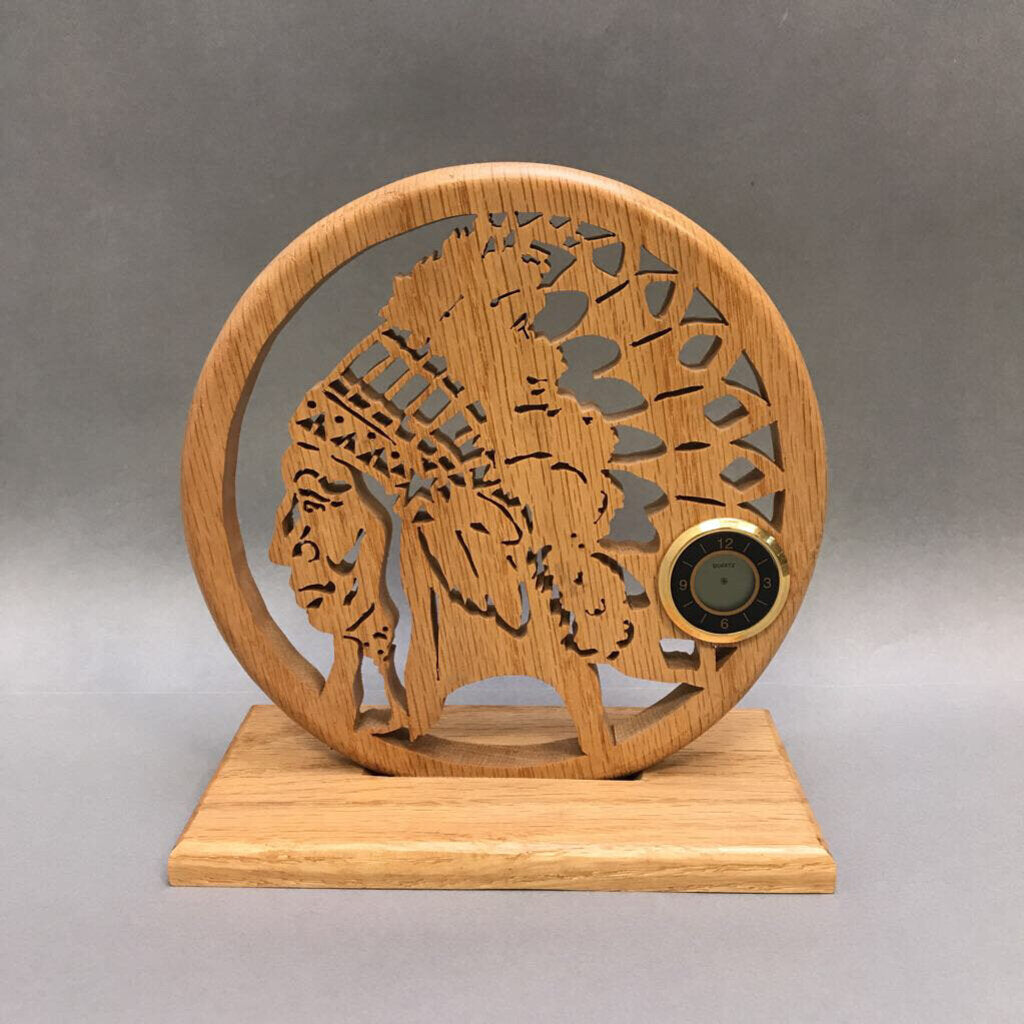 Carved Native American Silhouette w/ Clock (7.5x7x3.5)