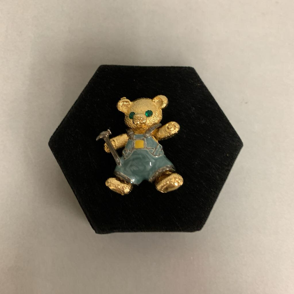 Vintage Edgar Berebi Goldtone Rhinestone Enamel Teddy Bear w/ Hammer Brooch Pin (2