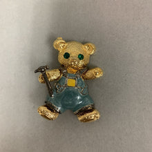 Load image into Gallery viewer, Vintage Edgar Berebi Goldtone Rhinestone Enamel Teddy Bear w/ Hammer Brooch Pin (2&quot;)
