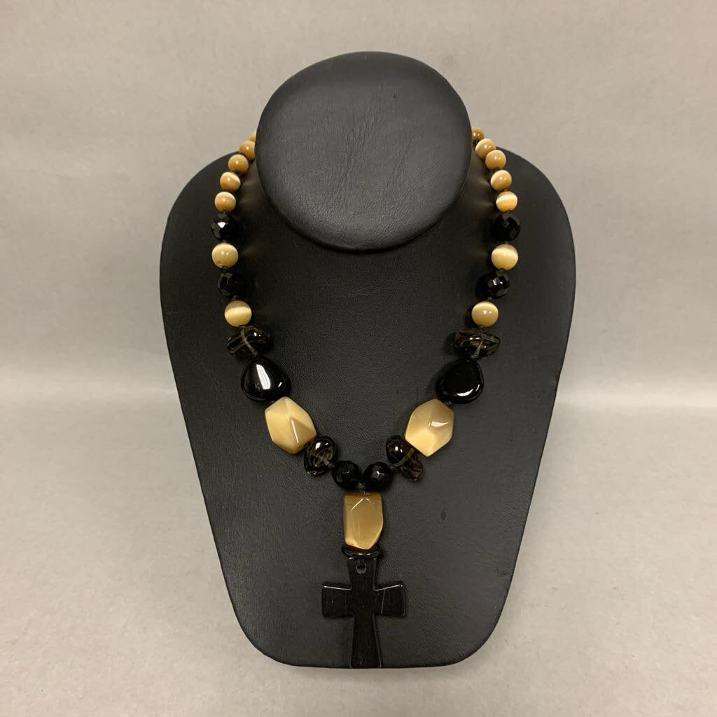 Ali Khan Onyx Cat's Eye Smokey Quartz Beaded Cross Necklace (28