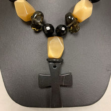 Load image into Gallery viewer, Ali Khan Onyx Cat&#39;s Eye Smokey Quartz Beaded Cross Necklace (28&quot;)
