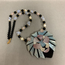 Load image into Gallery viewer, Vintage Lee Sands Mother of Pearl Onyx Inlay Lion Statement Necklace (22&quot;)
