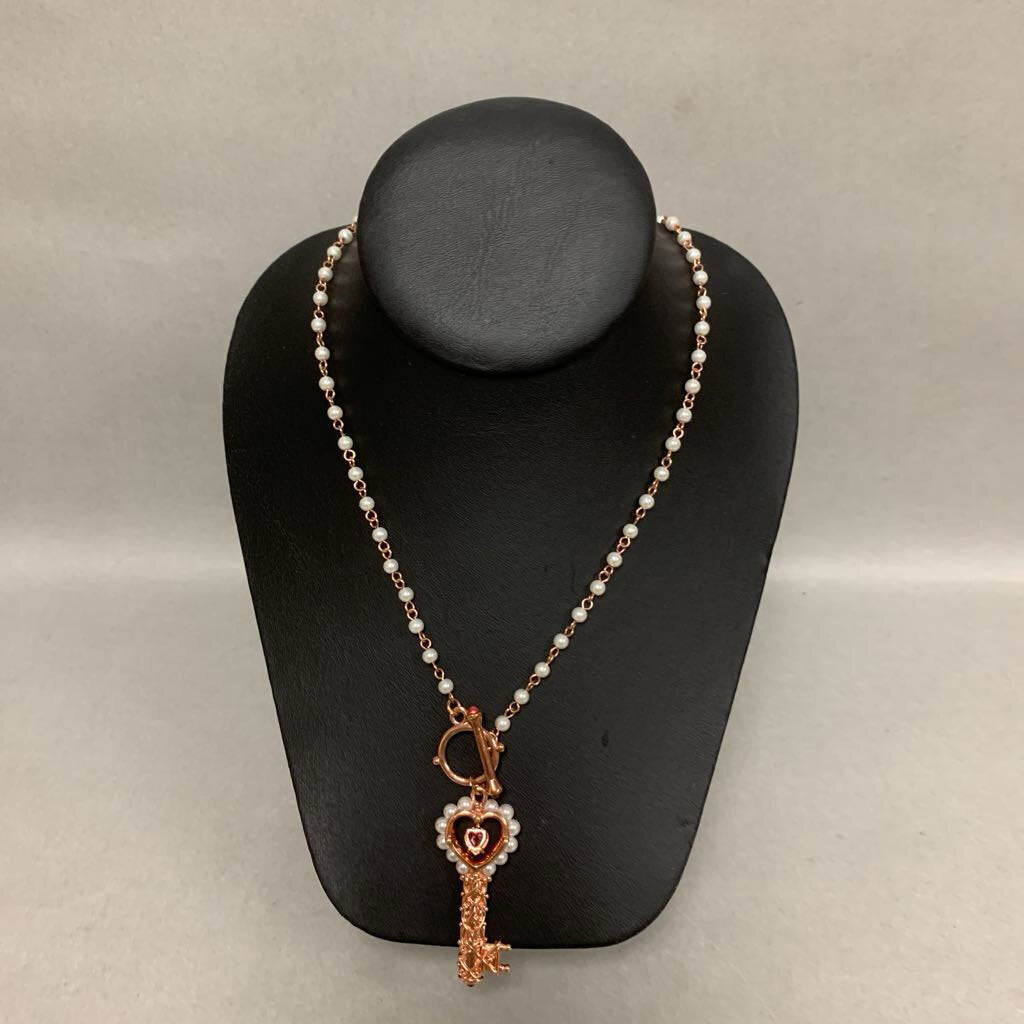 Marie Osmond Copper Faux Pearl Pink Crystal Key Toggle Necklace (32