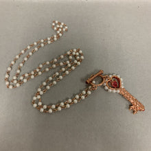 Load image into Gallery viewer, Marie Osmond Copper Faux Pearl Pink Crystal Key Toggle Necklace (32&quot;)
