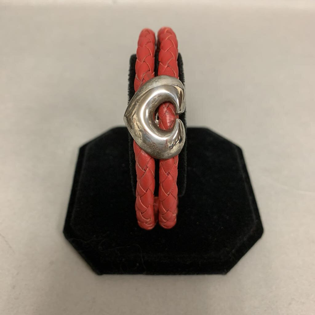 Espo Sterling Heart on Red Braided Leather Wrapped Bracelet