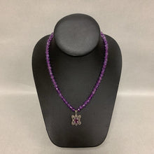 Load image into Gallery viewer, Sterling Amethyst Marcasite Pendant on Faceted Amethyst Beaded Necklace (16")
