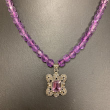 Load image into Gallery viewer, Sterling Amethyst Marcasite Pendant on Faceted Amethyst Beaded Necklace (16&quot;)
