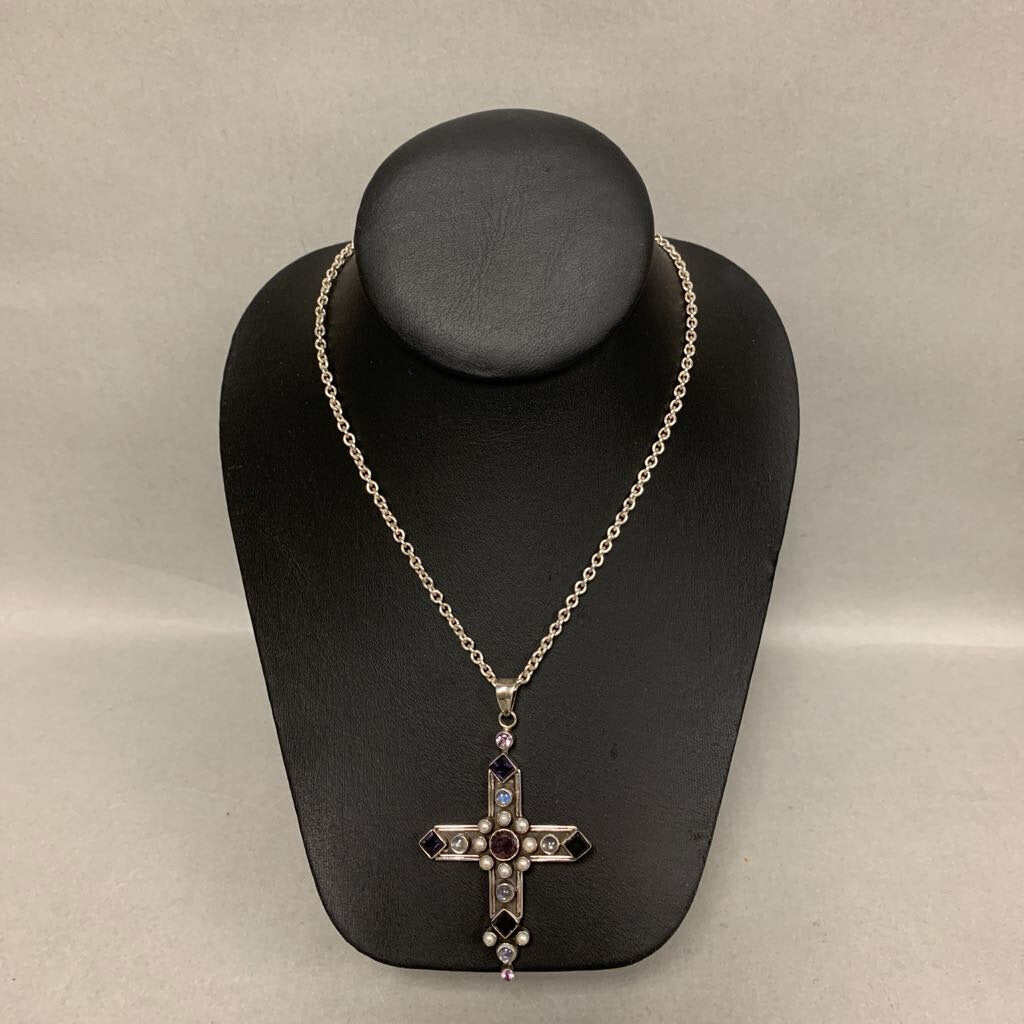 Nicky Butler Sterling Amethyst Moonstone Pearl Cross Pendant on 36