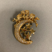 Load image into Gallery viewer, Vintage Goldtone Rhinestone Cherubs Kissing on Moon Brooch Pin (2&quot;)
