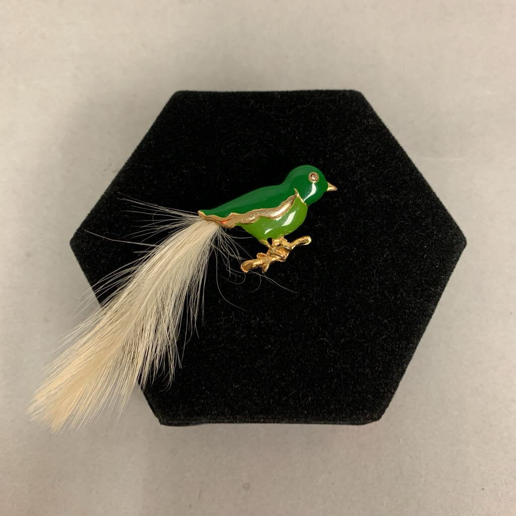 Vintage Green Enamel Bird w/ Feather Tail Brooch Pin (4