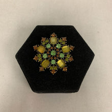 Load image into Gallery viewer, Antiqued Bronze Green &amp; Tan Rhinestone Flower Brooch Pin (2&quot;)
