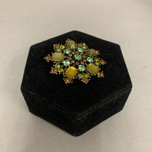 Load image into Gallery viewer, Antiqued Bronze Green &amp; Tan Rhinestone Flower Brooch Pin (2&quot;)
