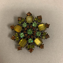 Load image into Gallery viewer, Antiqued Bronze Green &amp; Tan Rhinestone Flower Brooch Pin (2&quot;)
