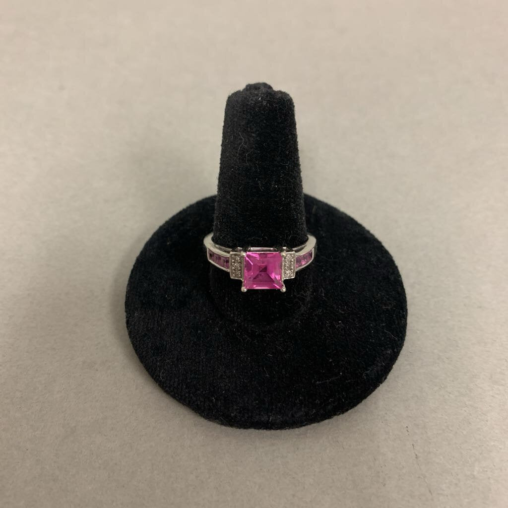10K White Gold Pink Sapphire Diamond Ring sz 7 (2.7g)