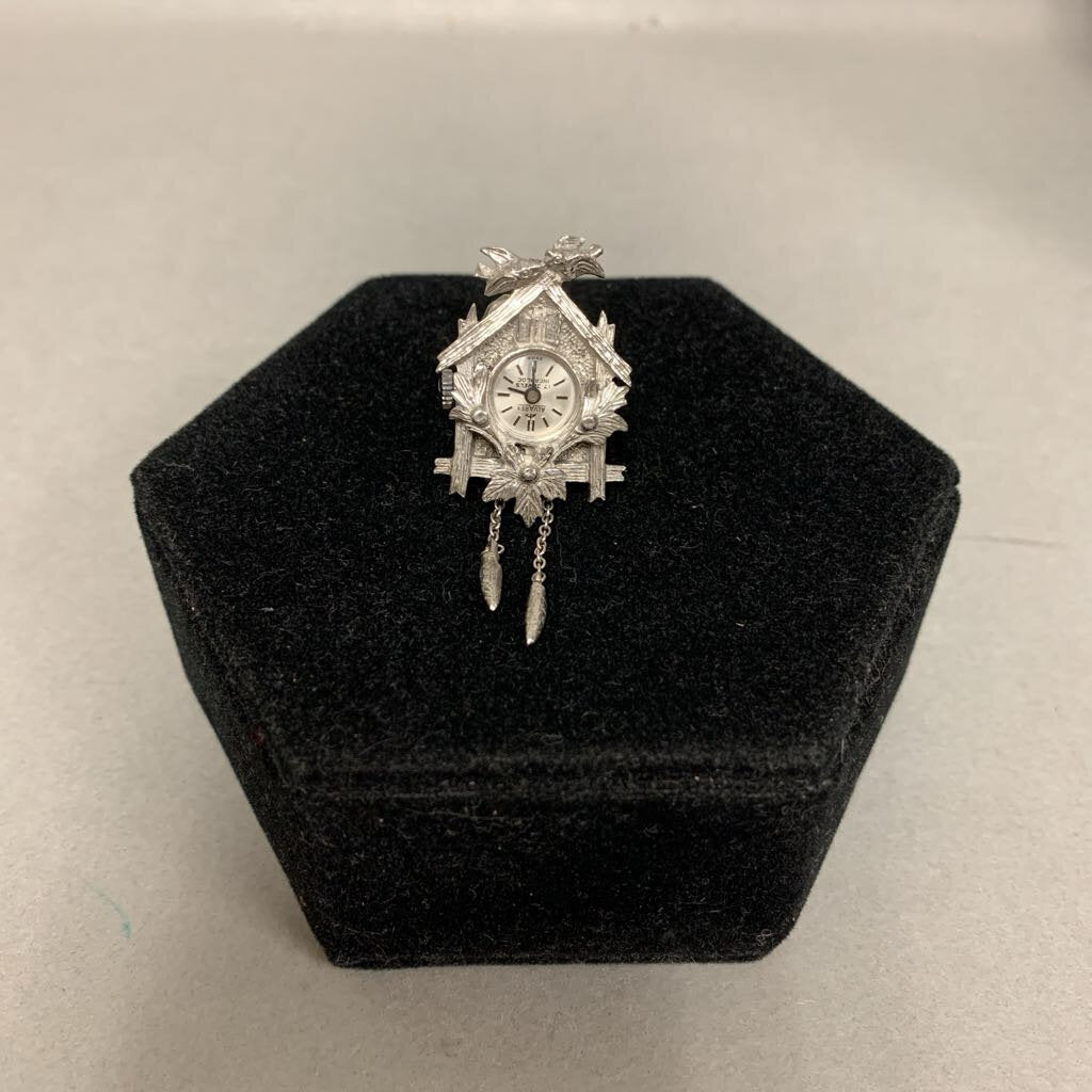 Vintage Sterling Alvarex 17 Jewel Cuckoo Clock Watch Brooch Pin (2